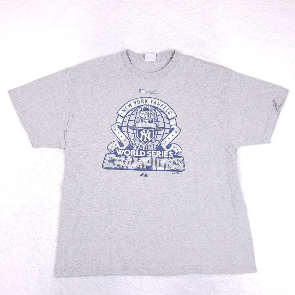Majestic New York Yankees T Shirt Mens L 2009‎ World Series Champions Grey MLB